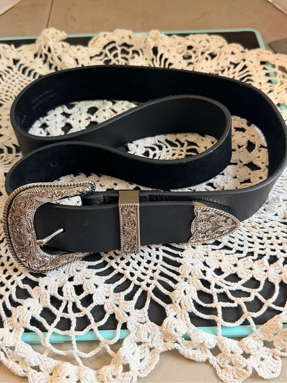 Women's Black Leather Western-Style Belt with Silver Buckle large